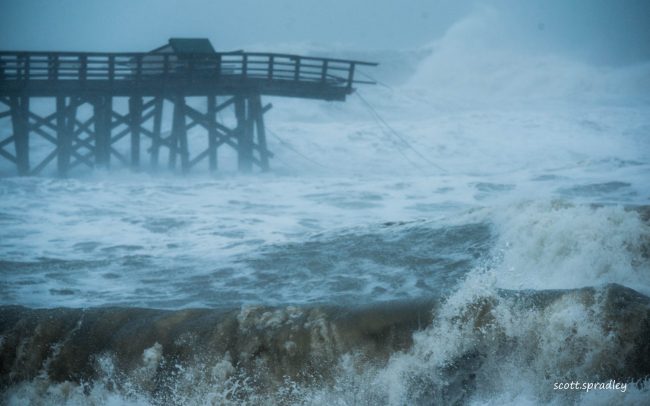 Large parts of the Flagler Beach pier collapsed this afternoon as Ian continued to lash the coast with tropical storm force winds. (© Scott Spradley)