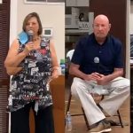 The candidates in stills from the Facebook Live clips of the Woman's Club forum last Tuesday evening. From left, Eric Cooley, Kim Carney, Pat Quinn and Suzy Johnston. (© FlaglerLive via Woman's Club video)