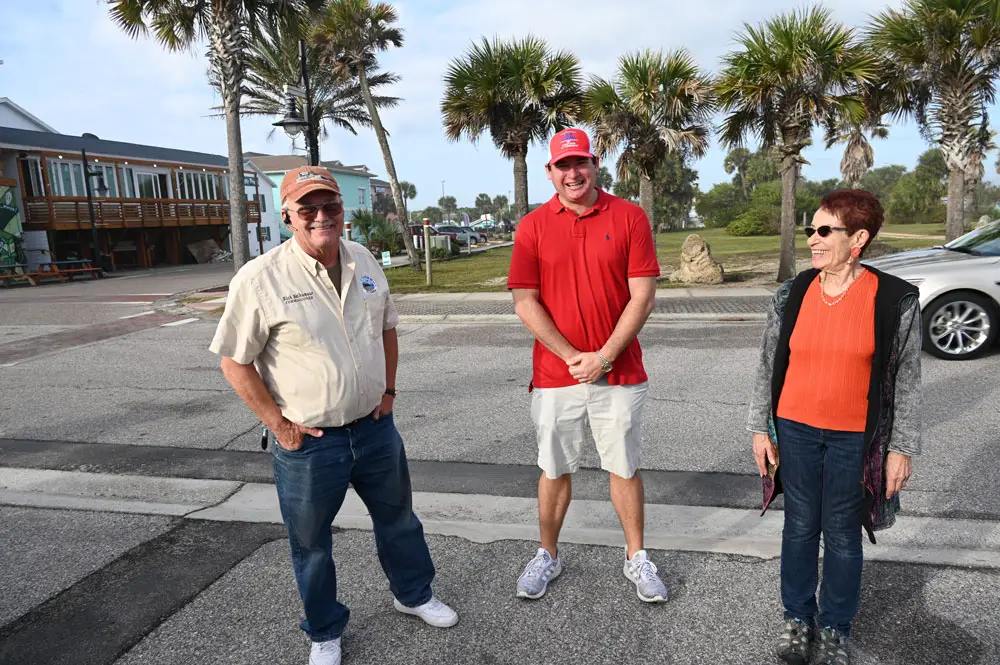 The candidates this morning in Flagler Beach : from left, Rick Belhumeur, James Sherman and Jane Mealy. (© FlaglerLive)