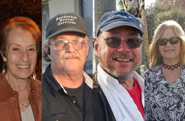 The Flagler Beach March 5 election has drawn two incumbents: from left, Jane Mealy and Rick Belhumeur, second-time challenger Paul Eik, and newcomer Deborah Phillips, a business owner in town. (© FlaglerLive except for Phillips's picture, provided by Phillips)
