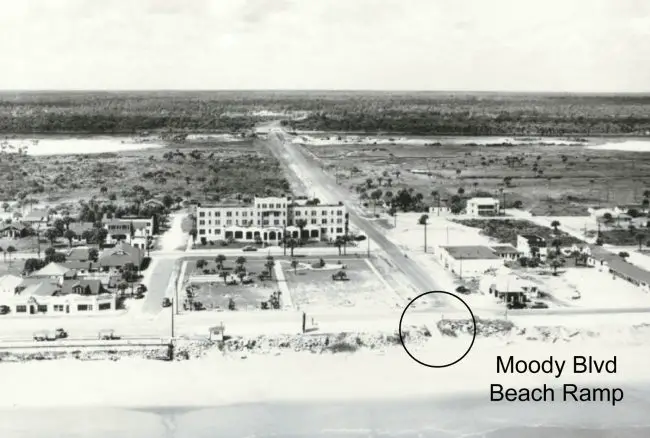 One of the illustrations used during a presentation on the public's customary use of Flagler's beach-front shows the old Flagler Beach Hotel, which opened in 1926, and the Moody Boulevard beach ramp granting public access to the beach. Click on the image for larger view. 
