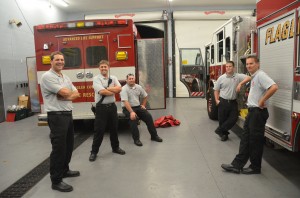 The full crew: from left, John-Edward Raffo, Mike Pius, Mike Dolce, Dennis Moore and Aaron Price. Click on the image for larger view. (© FlaglerLive)