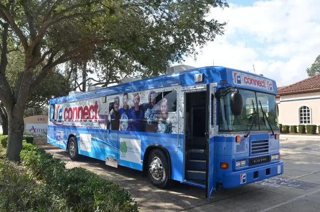 The Flagler Education Foundation's Connect Bus at Ameris Bank Tuesday. The bus will be making increasingly visible appearances around the county. (c FlaglerLive)