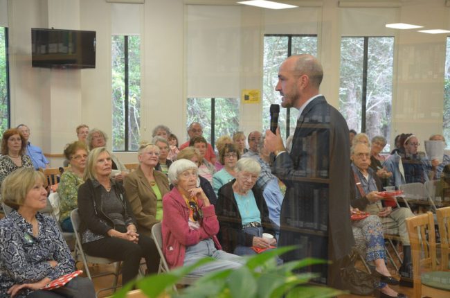 A Flagler Reads Together event in the Doug Cisney room at the Palm Coast library, one of innumerable events, programs and community meetings held there and in other parts of the library year-round. (© FlaglerLive)