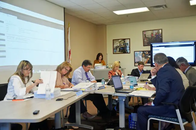 The Flagler County School Board, seen here in a recent workshop, has been apprehensive about new education laws about to kick in. (© FlaglerLive)