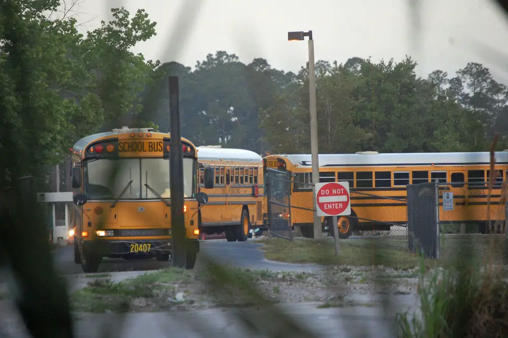 Flagler County schools' bus drivers had a surprise inspection as they were preparing to roll out this morning. (© FlaglerLive)