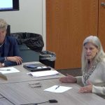 School Board attorney Kristy Gavin, left, discussing timelines regarding Superintendent Cathy Mittlestadt, left. The contract expires at the end of June. (© FlaglerLive via Flagler Schools video)