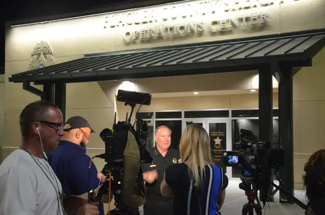 Flagler County Sheriff Rick Staly, clearly relieved, getting set to speak with reporters outside the Sheriff's Operations Center late this evening. (© FlaglerLive)