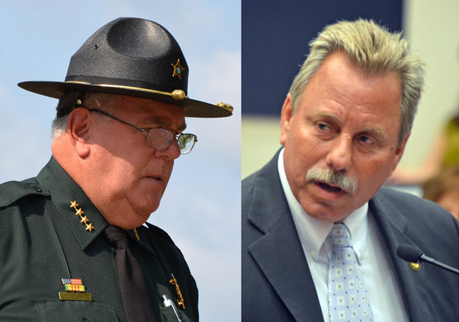 Flagler County Sheriff Don Fleming, left, opened political vulnerabilities by placing himself in the Jamesine Fischer case--vulnerabilities State Attorney Larizza wants to avoid during an election year. (© FlaglerLive)