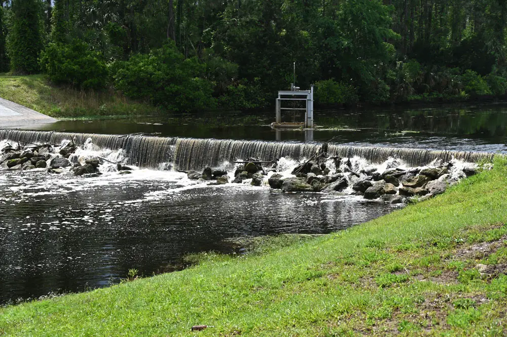 The flood-control structure to be repaired, off Royal Palms Parkway, handles 50 to 60 percent of all flood waters in Palm Coast. (© FlaglerLive)