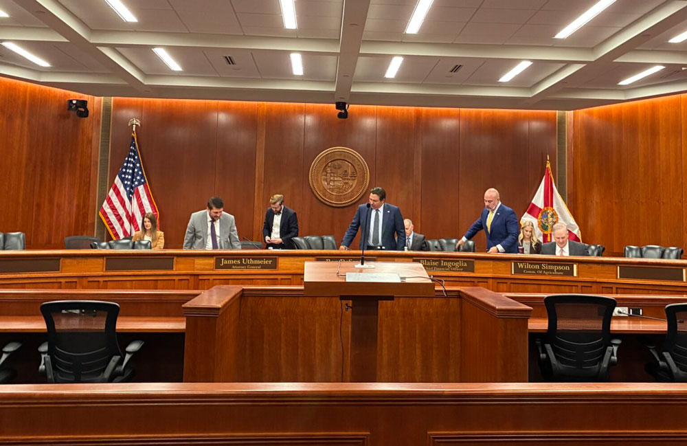 AG James Uthmeier, Gov. Ron DeSantis, CFO Blaise Ingoglia, and Ag Commissioner Wilton Simpson at a Cabinet meeting on Sep. 30, 2025. (Photo by Liv Caputo/Florida Phoenix)