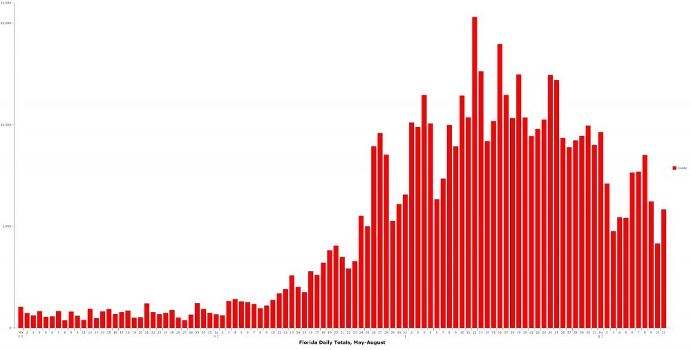 New cases of Covid 19 have been falling in the state, but remain at levels significantly higher than April's worst numbers. (© FlaglerLive)