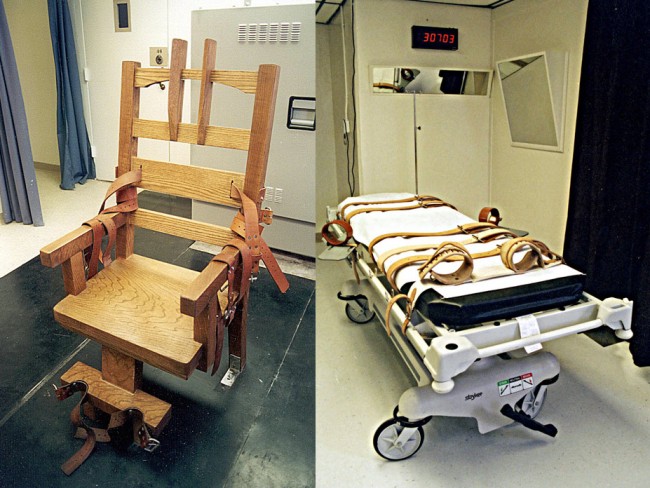 Florida's instruments of state-sanctioned death: the electric chair and the lethal injection gurney, at the state prison in Starke. Click on the image for larger view. (Department of Corrections)