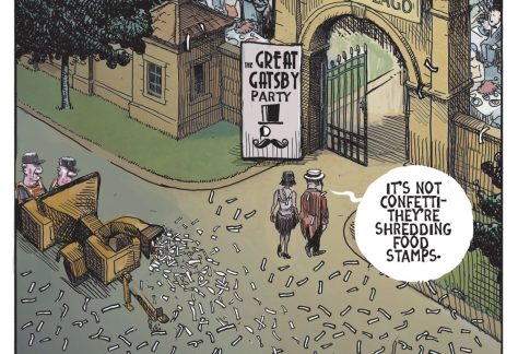 Food stamps shredded at Great Gatsby party by Michael de Adder, CagleCartoons.com