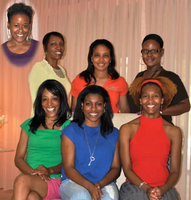 The cast of 'For Colored Girls': Carla Testar in red, Crystal Green in yellow, Melissa Arnold in green, Marguerite Brown in brown, Asia-Lige Arnold hovering in purple, Melinda Morais in orange, Robin Banks in blue. 