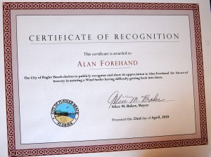 Alan Forehand Certificate from Flagler Beach