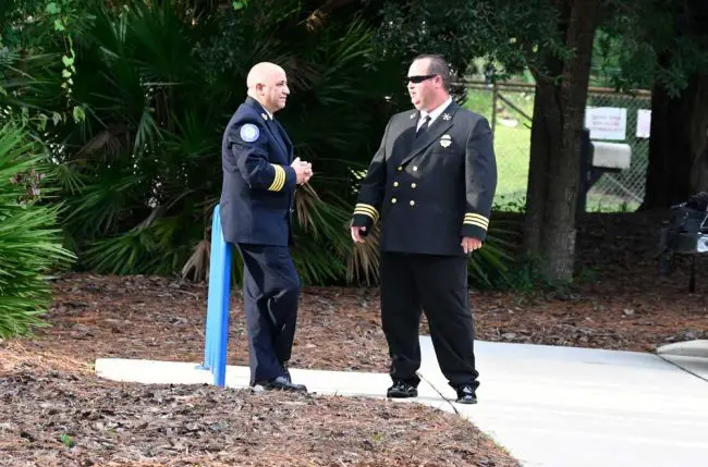 Chief Jerry Forte, left, and Berryhill at Palm Coast's Heroes Park in 2021. (© FlaglerLive)