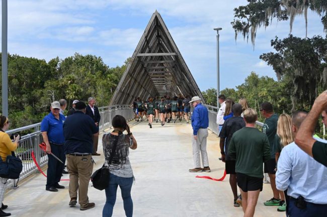 The Flagler Palm Coast High School track team coached by Dave Halliday inaugurated the new bridge with a run across the span. (© FlaglerLive)