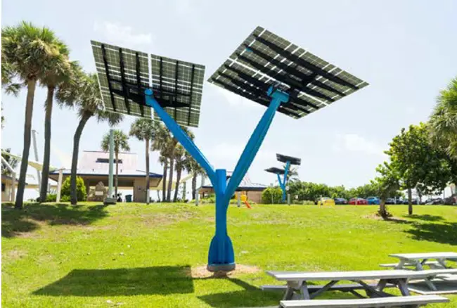 FPL would install five such solar-paneled 'trees,' like the one above at a park in Boynton Beach, at Central Park in Town Center, among other solar installations. (FPL)