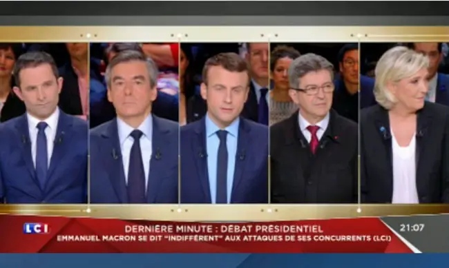 The five candidates for the French presidency in a debate last night, five weeks from the election round. From left, Benoît Hamon, François Fillon, Emmanuel Macron, Jean-Luc Mélenchon and Marine Le Pen. (© FlaglerLive)