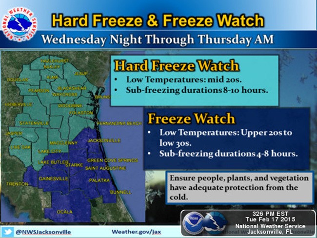 The National Weather Service's freeze advisory map, in effect Wednesday and Thursday. 