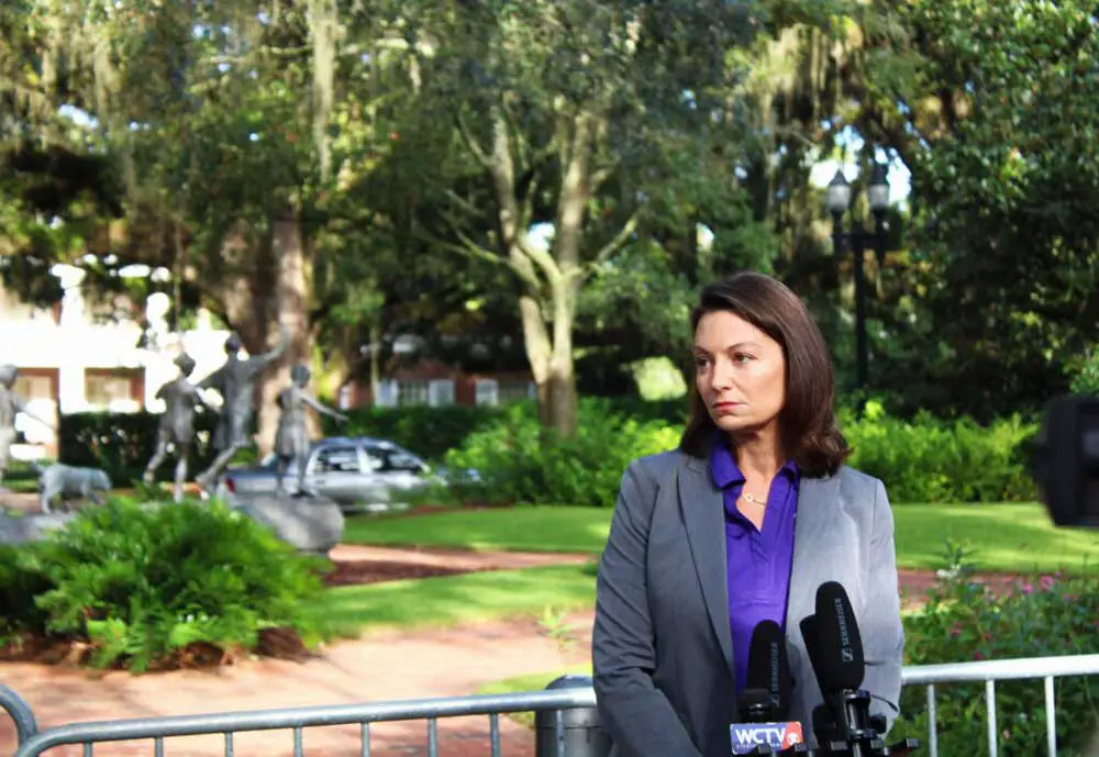 Agriculture Commissioner Nikki Fried speaks near the Florida Governor’s Mansion on August 9, 2022. (Danielle J. Brown)