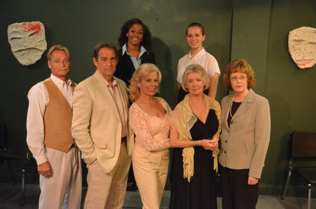 The full cast of Tennessee Williams's 'Suddenly Last Summer': front row, from left, Bruce Scott (as George Holly), Peter Gutierrez (Dr. Sugar), Annie Gaybis (CatharineHolly), Ann Kraft (Mrs. Venable), Bobbi Fouts (Mrs. Holly), and back row, from left, Phillipa Rose (Miss Foxhill) and Leana Gardella (Sister Felicity). Click on the image for larger view. (© FlaglerLive)