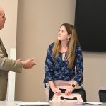 The Schoo, Board;'s Will Furry, in lecturing mode, addressing Lauren Ramirez during an orientation session after Ramirez's election to the Board. She has been seeking to hold a "retreat" to discuss internal matters. (© FlaglerLive)