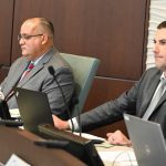 Newly appointed Palm Coast City Council member Charles Gambarro, left, attempted to nullify a controversial proposed referendum on the Nov. 5 ballot. City Attorney Marcus Duffy, right, counseled against it. (© FlaglerLive)