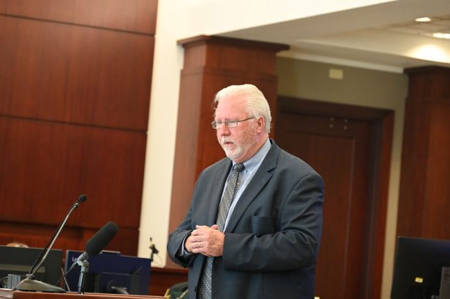 Defense attorney Gary Wood at trial. (© FlaglerLive)
