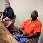 Louis Gaskin, right, who is to die by lethal injection on April 12, appeared by zoom from the state prison in Raiford for a court hearing in Bunnell before Circuit Judge Terence Perkins. (© FlaglerLive)