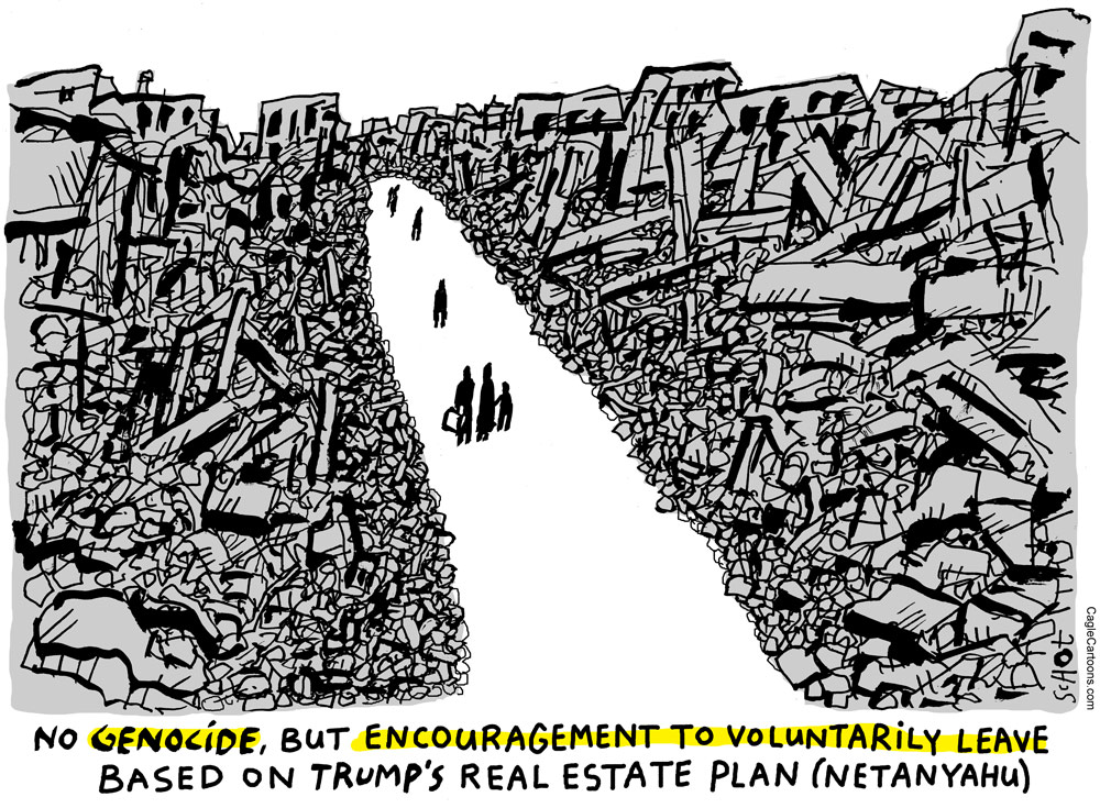 Netanyahu encourages to leave ruined Gaza by Schot, De Volkskrant, Netherlands