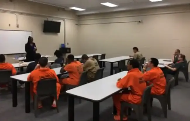 Pearl Brazelton in a video still teaching her new students at the Flagler County jail. (FCSO)