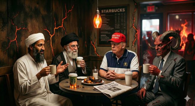 Coffee klatch of the klowns. (© FlaglerLive/Gemini)