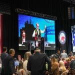 Rep. Danny Nadeau, a Republican from Rogers who chaired the convention, speaks to delegates after a delegate called for a moment of silence for Derek Chauvin at the Minnesota Republican Convention in Duluth, Saturday, May 30, 2026. (Photo by Glen Stubbe/Minnesota Reformer)