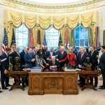 The US president, Donald Trump, receives the prayers of evangelical Christian ministers in the Oval Office, March 5. Image courtesy of the White House.