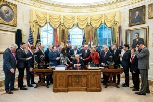 The US president, Donald Trump, receives the prayers of evangelical Christian ministers in the Oval Office, March 5. Image courtesy of the White House.