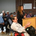 Tiffany "Belle" McManus and Bruce Godwin of Flagler Golf Management making their case before the Flagler Beach City Commission Thursday evening in a 90-minute hearing that did not go their way. The commission voted to terminate the city's lease with the company after seven years. (© FlaglerLive)