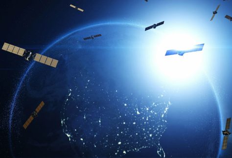 This rendering shows satellites orbiting Earth.