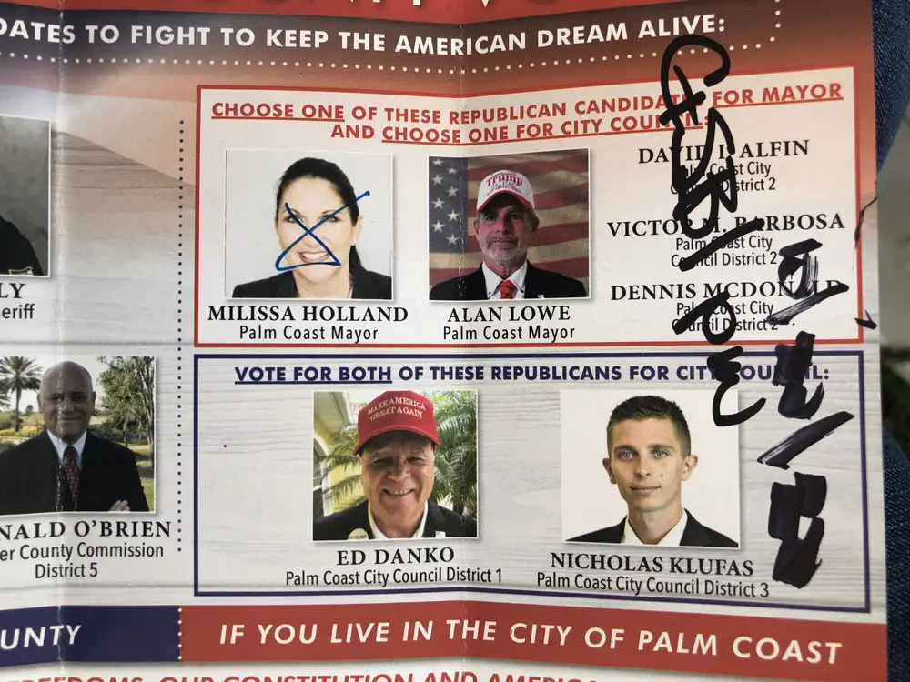 A Republican slate card Sen. Travis Hutson received, featuring candidates for the Palm Coast City Council, with incumbent Mayor Milissa Holland's name crossed out. 