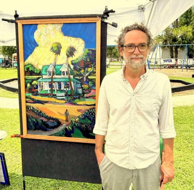 Artist JJ Graham unveiled his newest, as-yet-untitled painting at Bunnell History Day. (© FlaglerLive)