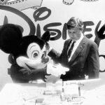 Democratic Gov. Bob Graham and Mickey Mouse looking at a model of Disney Studios on July 9, 1985, back when Florida governors did not abuse mice. (Florida Memory)