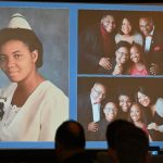 Audrey Gregory in an earlier phase of her career, as a nurse, and with her family, in a slide she showed the audience at a Tiger Bay lunch talk today. (© FlaglerLive)