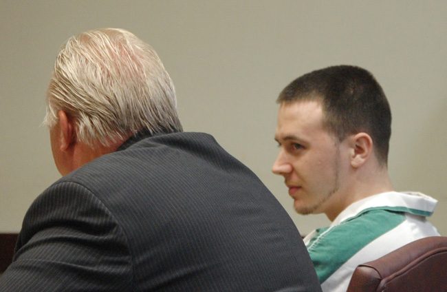 William Gregory at his sentencing six years ago, with attorney Garry Wood. (c FlaglerLive)