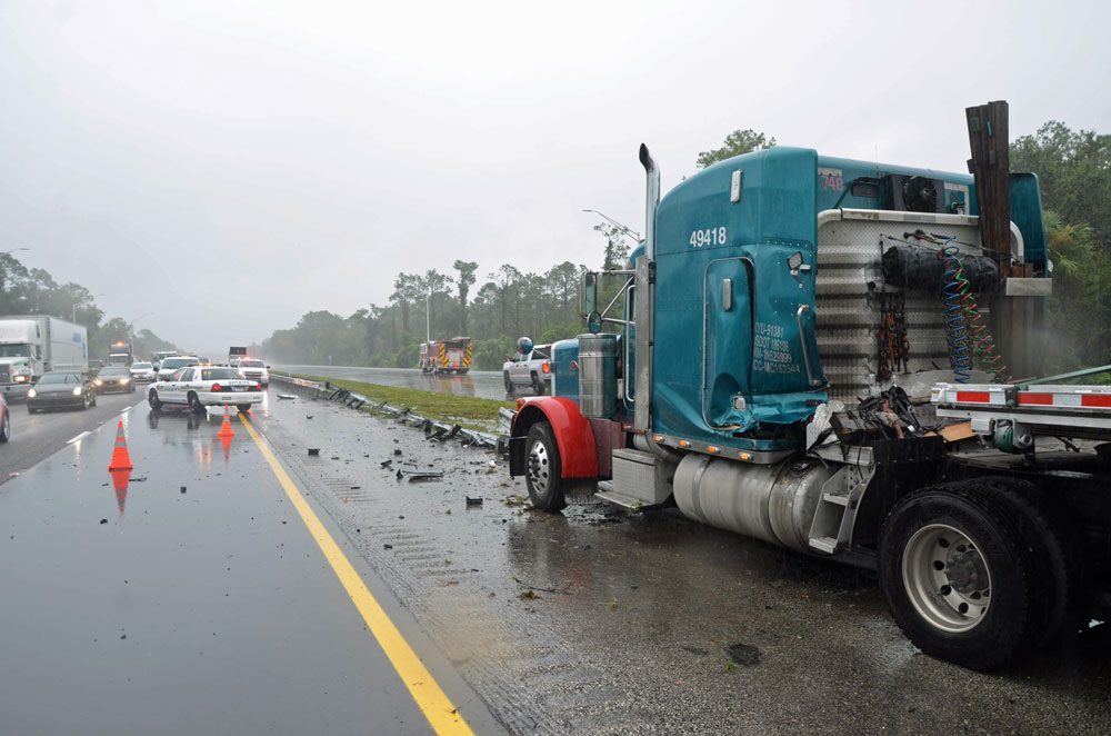 The third trailer appeared to have been traveling south, but may have veered left, onto the guardrail, to avoid crashing into the trailer that had crossed from the northbound into the southbound lanes.