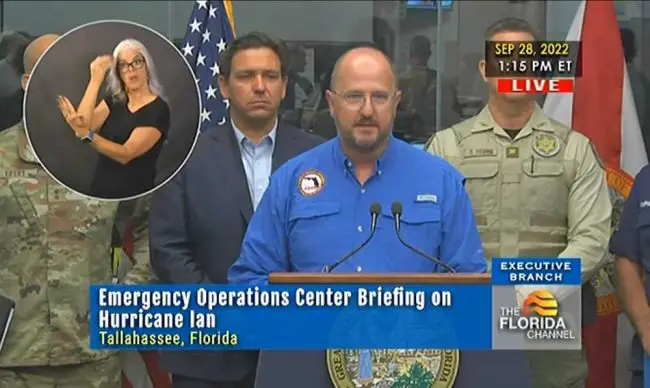 Florida emergency Management Director Kevin Guthrie, formerly Flagler's emergency management director, at today's news conference with the governor and others. (© FlaglerLive via Florida Channel)