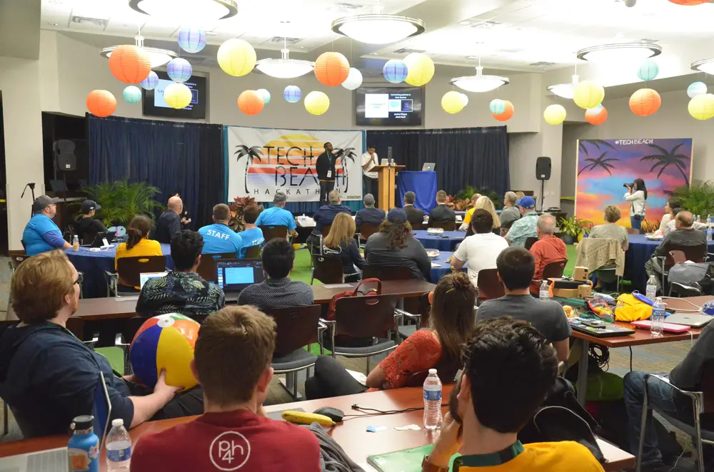 Eight teams piotched their ideas to a jry panel of six Sunday afternoon, after 4 hours of cramming during Palm Coast's inaugural Tech Beach Hackathon.(© FlaglerLive)
