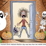 A horrified woman at her Halloween door by Bruce Plante, PoliticalCartoons.com