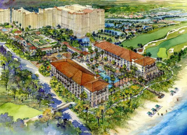 Salamander's rendering of the 198-room hotel fronting the beach and 16th Road in the Hammock. Click on the image for larger view.