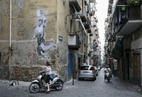 A mural by Argentine artist Spiga depicts Maradona’s “Hand of God” goal in Naples. Alessio